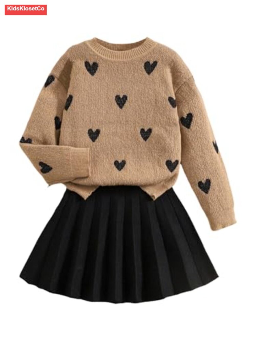 Girls 2 Piece Outfit Heart Graphic Long Sleeve Sweater Pleated Skirt Set